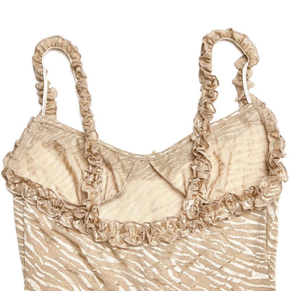 TIGER Mesh Frill Print Dress Golden Beige