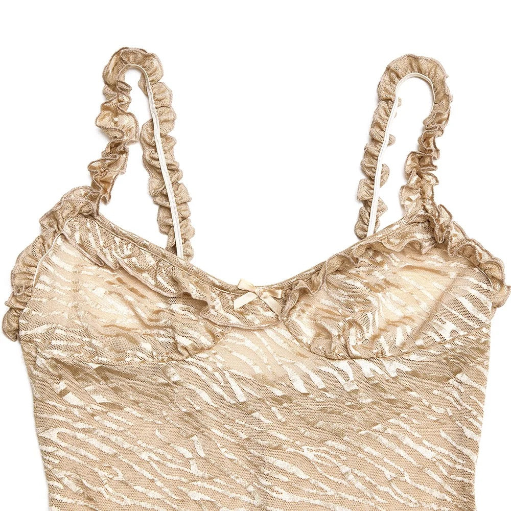 TIGER Mesh Frill Print Dress Golden Beige