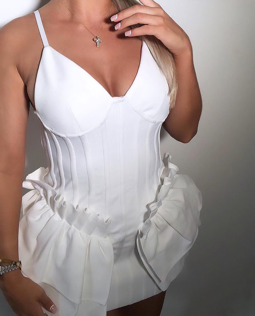 IVORY Premium Bandage Frill Bodycon Dress