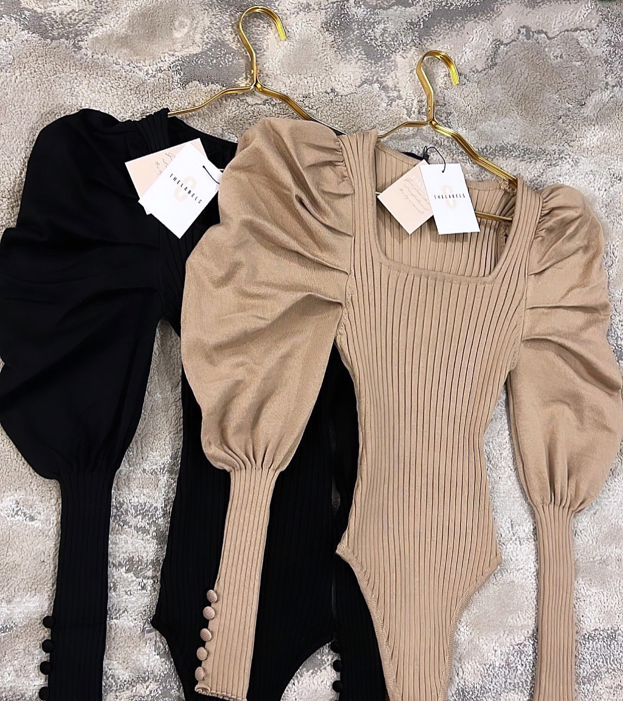 ANALIA Premium Knit Ribbed Puff Sleeve Bodysuit Beige