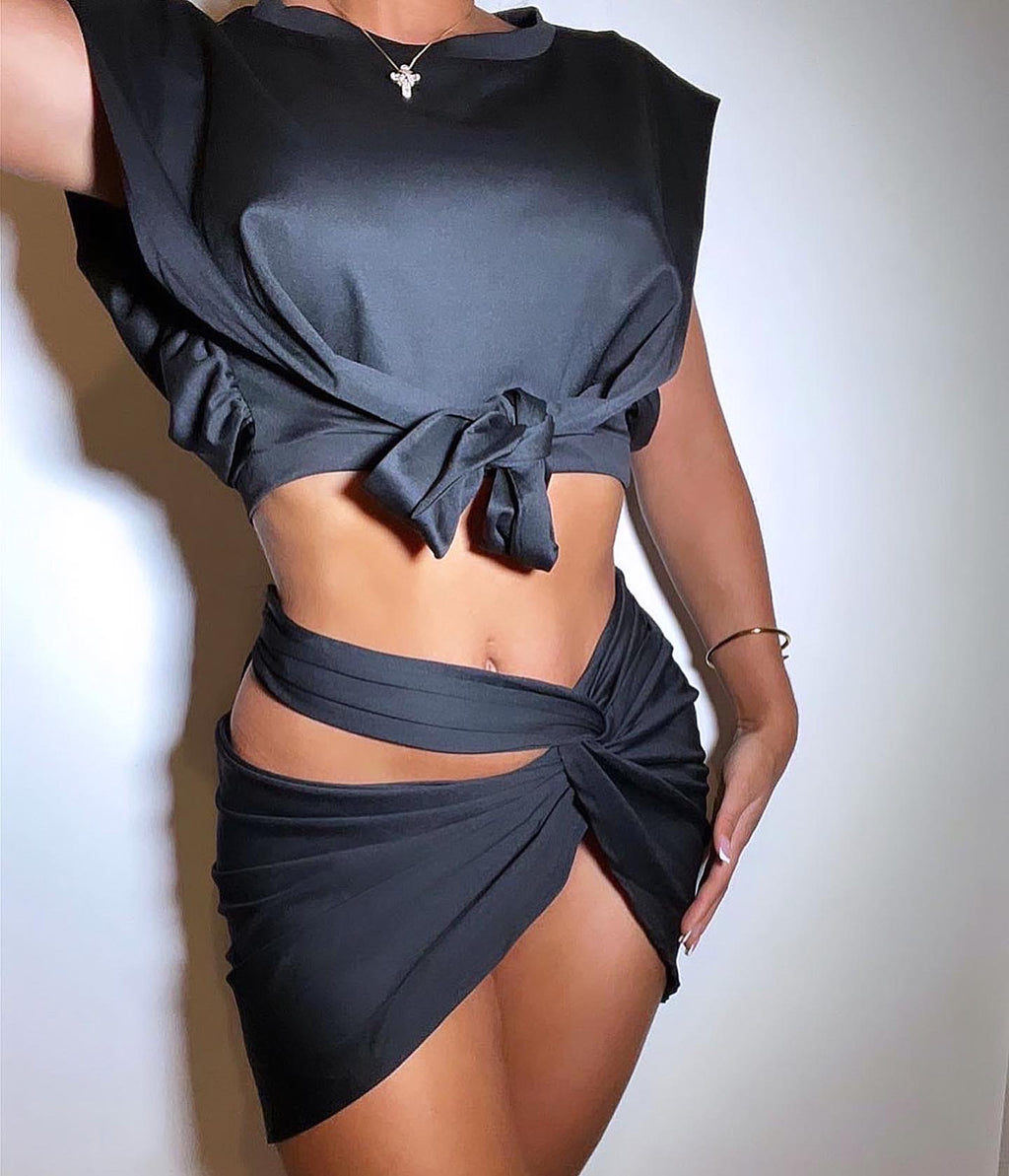 LAVITA Tie Detail Cut Out Twist Two Piece Black