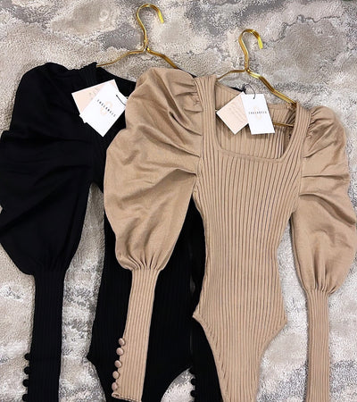 ANALIA Premium Knit Ribbed Puff Sleeve Bodysuit Black